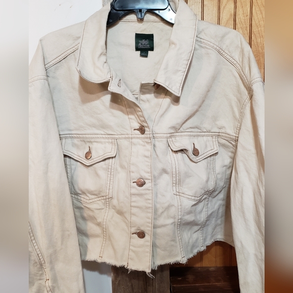 wild fable Jackets & Blazers - Jean Jacket Cropped Beige Heavy Cotton Detail Buttons Large Frayed Hem